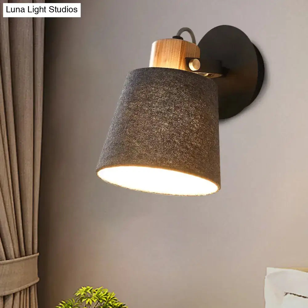 Modern wood and gray fabric shade wall lamp bedroom light