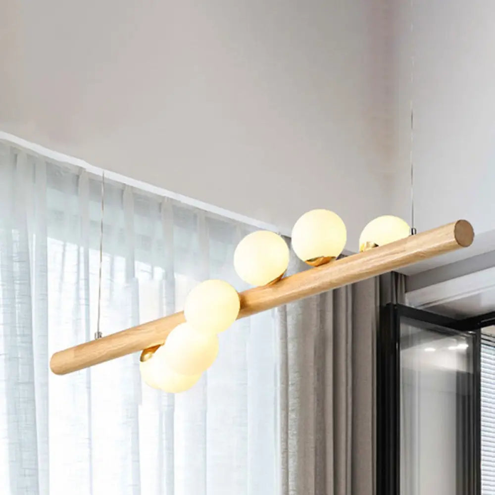 DecorBites™ Modern Wood Island Light with Spherical Shade - Opal Glass Ceiling Lamp (5/7 Lights) for Dining Room