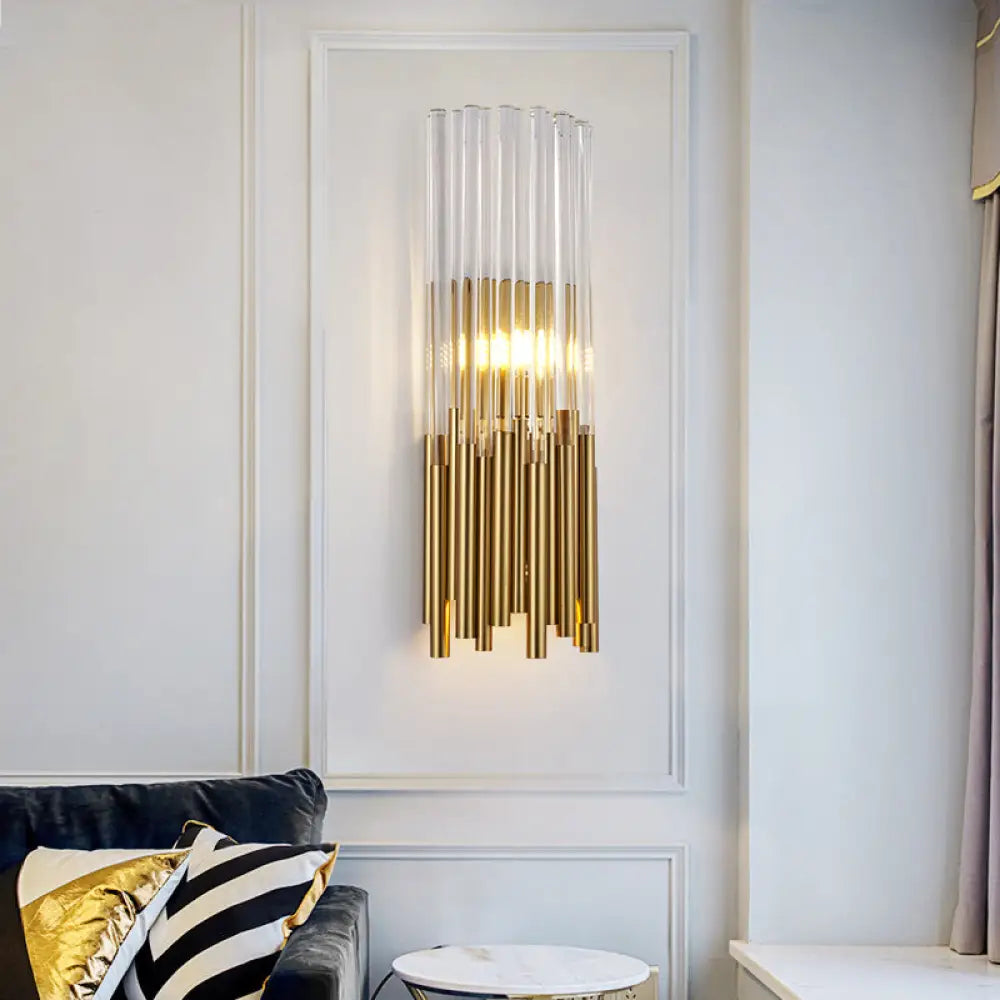 DecorBites™ Modernist Metal LED Wall Sconce Light with Crystal Prism: Cylinder Wall Fixture in Brass/Gold
