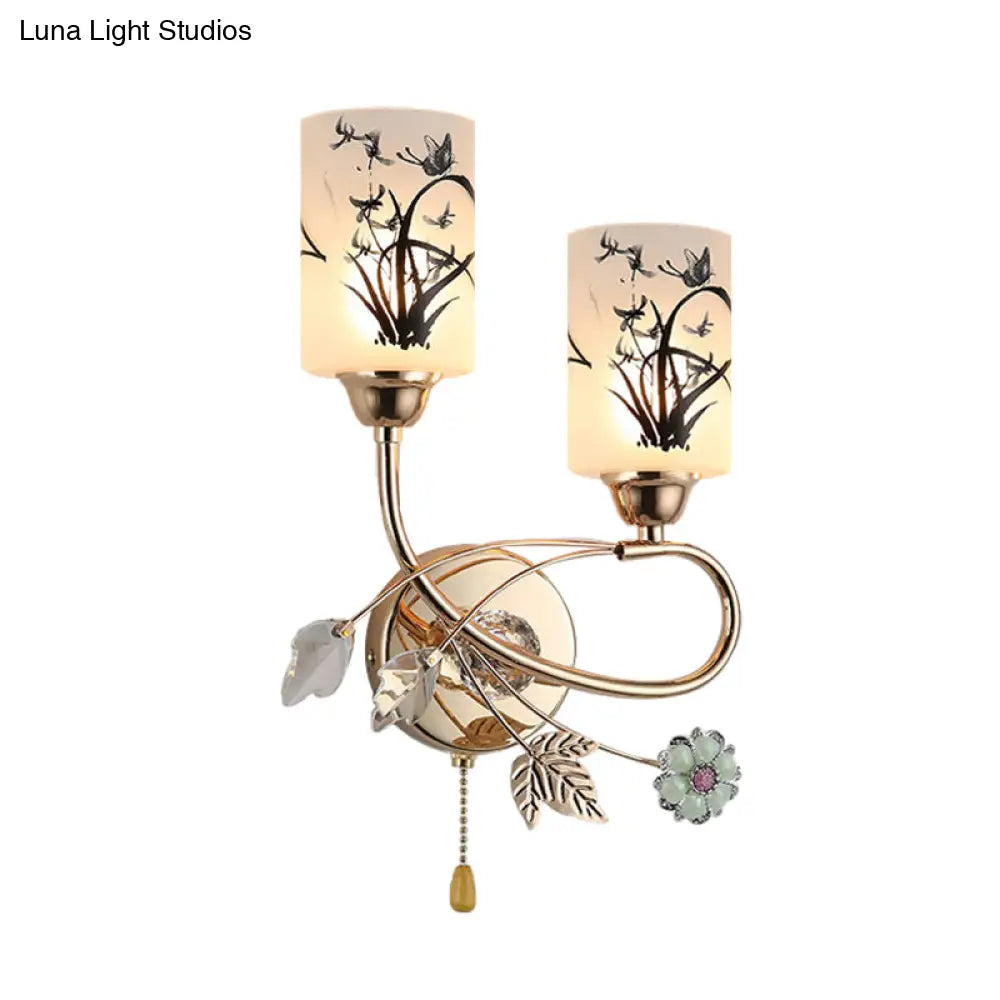 DecorBites™ Modernistic 2-Bulb Gold Cylinder Wall Lamp with Pull Chain and Painted Glass Shade – Brilliant Wall Lighting Idea