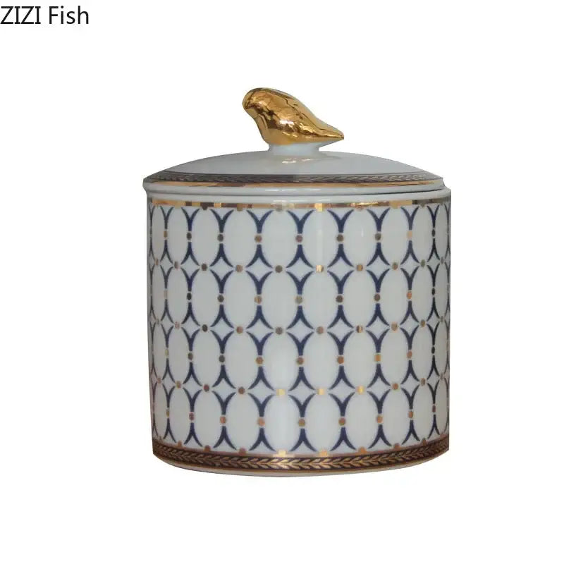 Navy and white geometric storage jar with gold plated bird bedroom decor