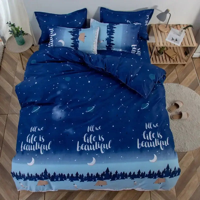 Navy blue and white daisy cartoon printed bedding set bedroom