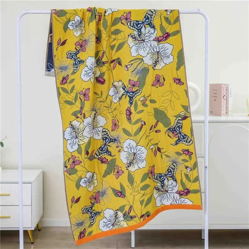 Navy blue gold hibiscus cat bath towel bathroom cotton gauze