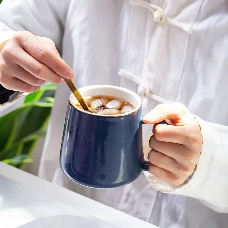 Navy & emerald ceramic mug set with gold spoons – kitchen drinkware