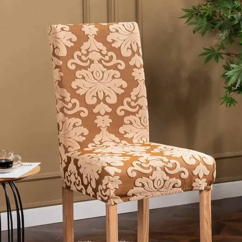 Navy & light gray damask embossed print chair covers dining room