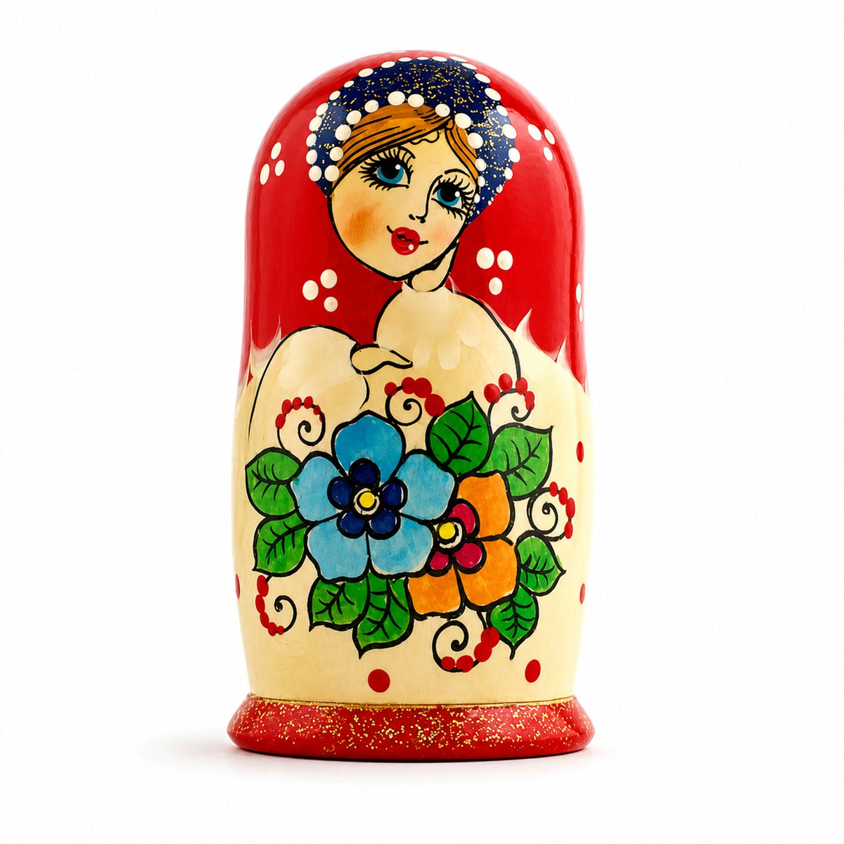 Set of 3 Red Headscarf with Folk Art Flowers Wooden Nesting Dolls Matryoshka 3.5 Inches