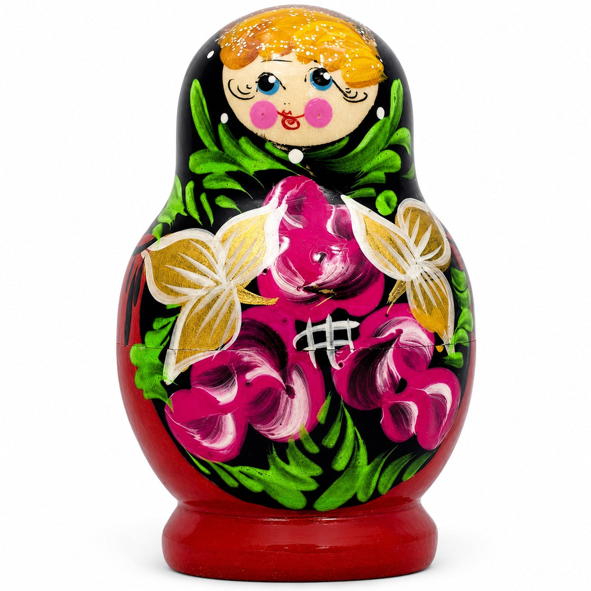 Set of Flowers on Black and Red Dress Nesting Dolls 3.5 Inches