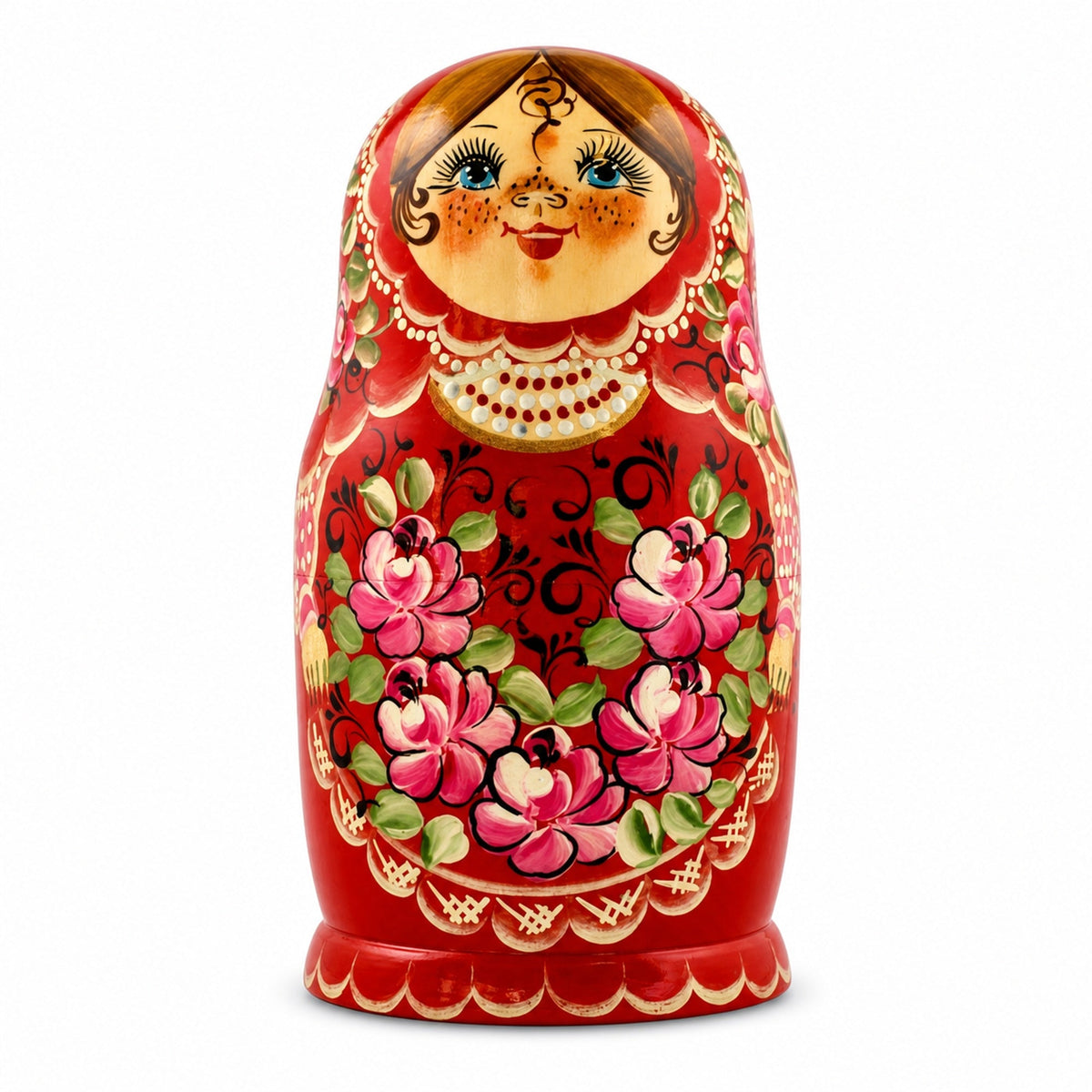 Set of Girls in Red Dress Wooden Nesting Dolls 7 Inches