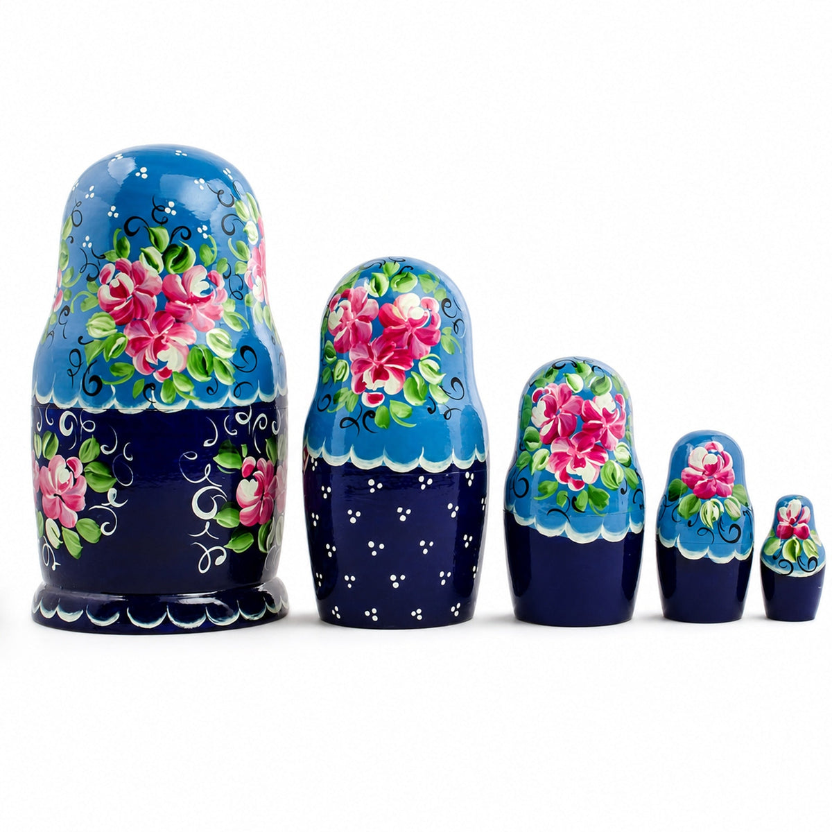 Set of 5 Blue Floral Dress Girls Wooden Nesting Dolls 7 Inches