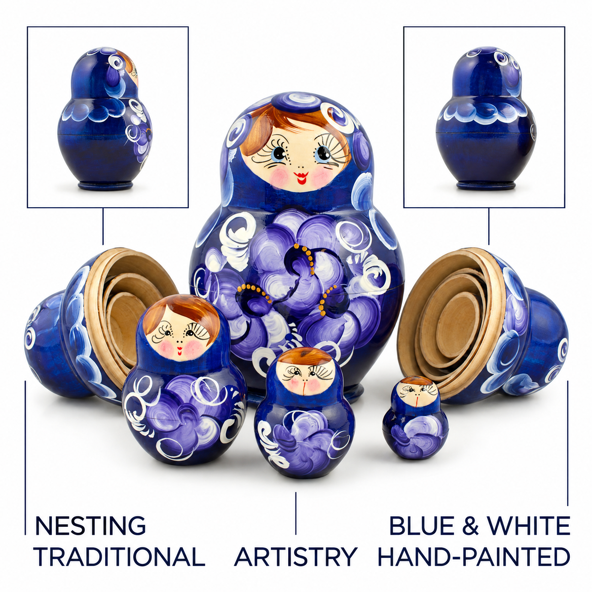 Set of 4 Miniature Wooden Nesting Dolls Matryoshka in Blue Dress 3 Inches