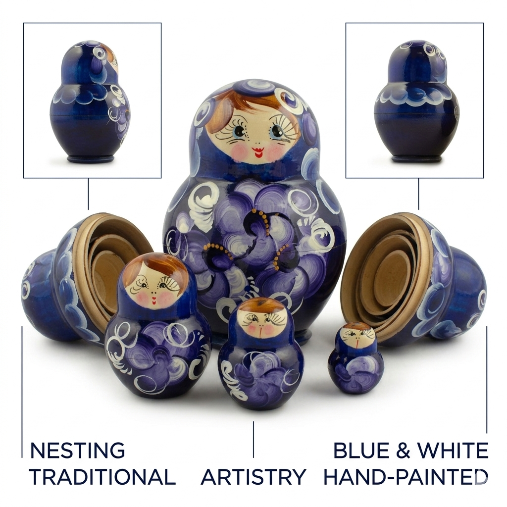 Set of 4 Miniature Wooden Nesting Dolls Matryoshka in Blue Dress 3 Inches