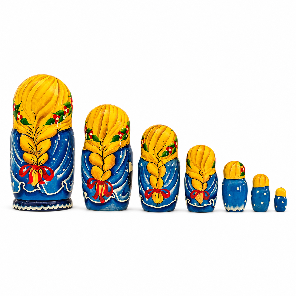 Set of 7 Girls with Cat in Blue Dress Nesting Dolls 8.5 Inches