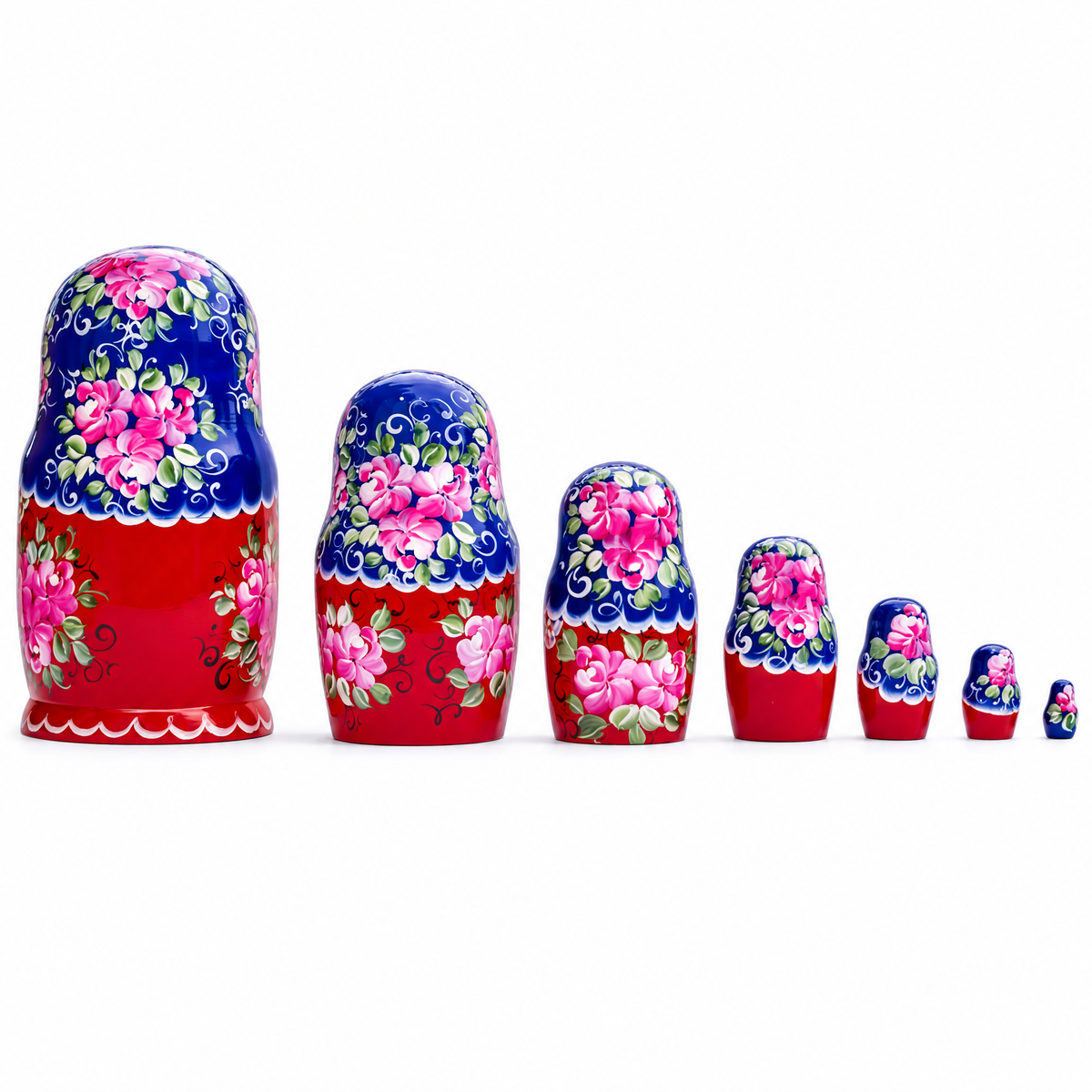 Set of 7 Blue Scarf Red Dress Nesting Dolls 8.5 Inches