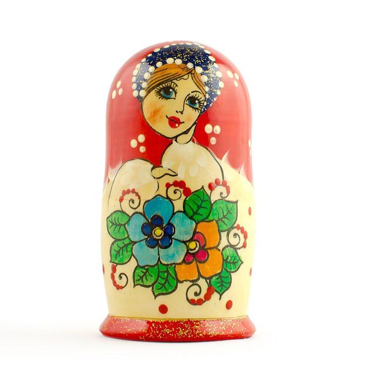 Set of 3 Red Headscarf with Folk Art Flowers Wooden Nesting Dolls Matryoshka 3.5 Inches