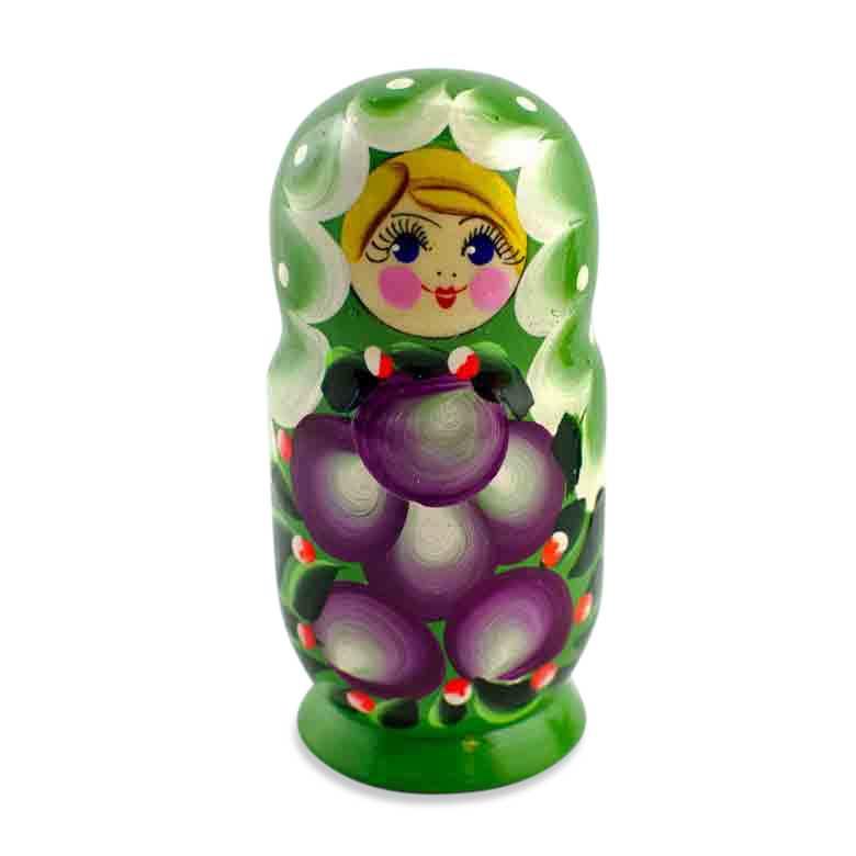 3 Daffodils Flowers on Green Dress Wooden Nesting Dolls 3.5 Inches