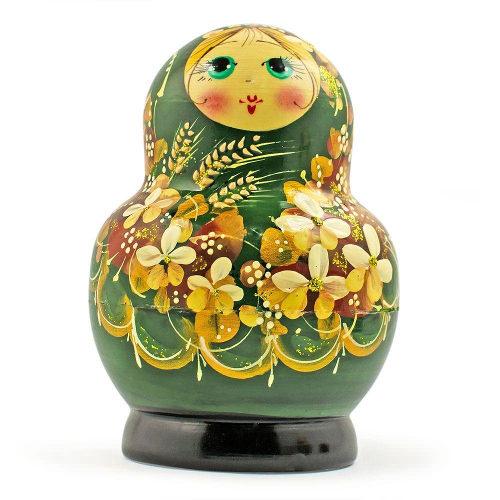 Set of 5 Golden Flowers on Red Dress Nesting Dolls 5 Inches