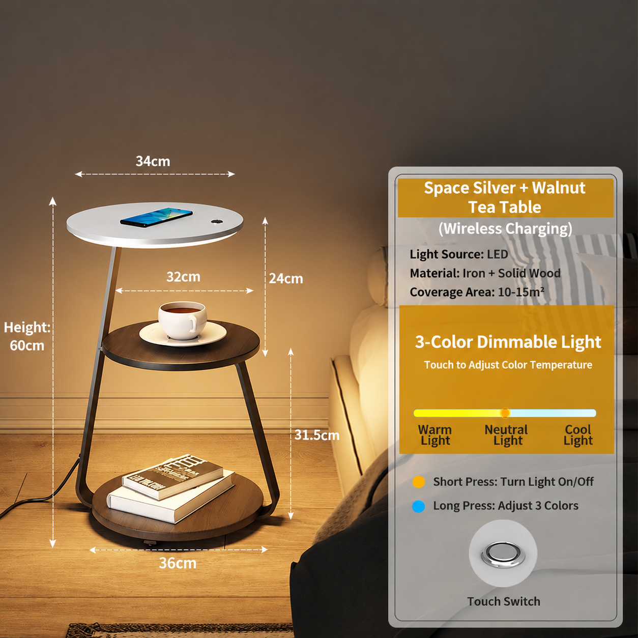 Smart Nightstand With Wireless Charger & Night Light