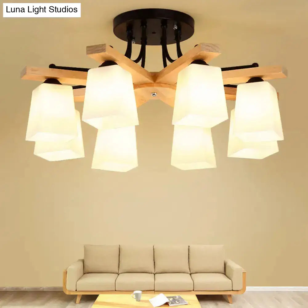 DecorBites™ Nordic Black and Wood Semi Flush Mount Chandelier with Milk Glass Shade - 3/6/8 Light Ceiling Fixture for Living Room
