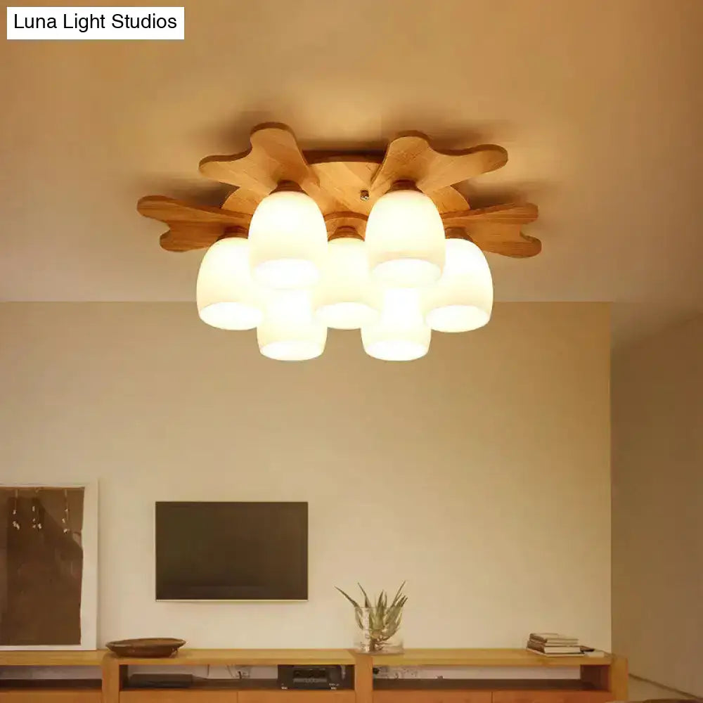 Nordic cream glass bell ceiling light with wood antler for bedroom