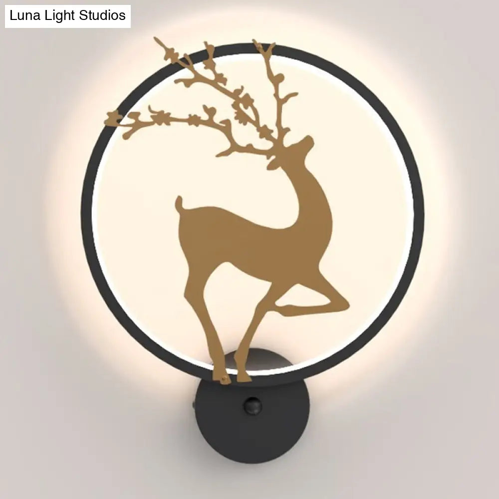 DecorBites™ Nordic Metallic LED Wall Light with Elk Mural Design for Bedroom, Black Ring
