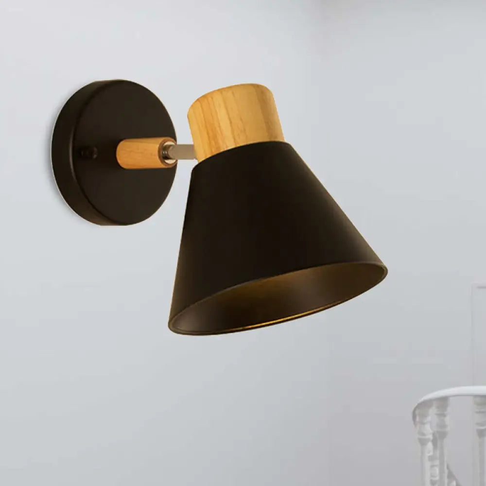 DecorBites™ Nordic Stylish Cone Shade Wall Mount Light with Rotatable Bedside Sconce - Metal and Wood, 1 Bulb, Black/White
