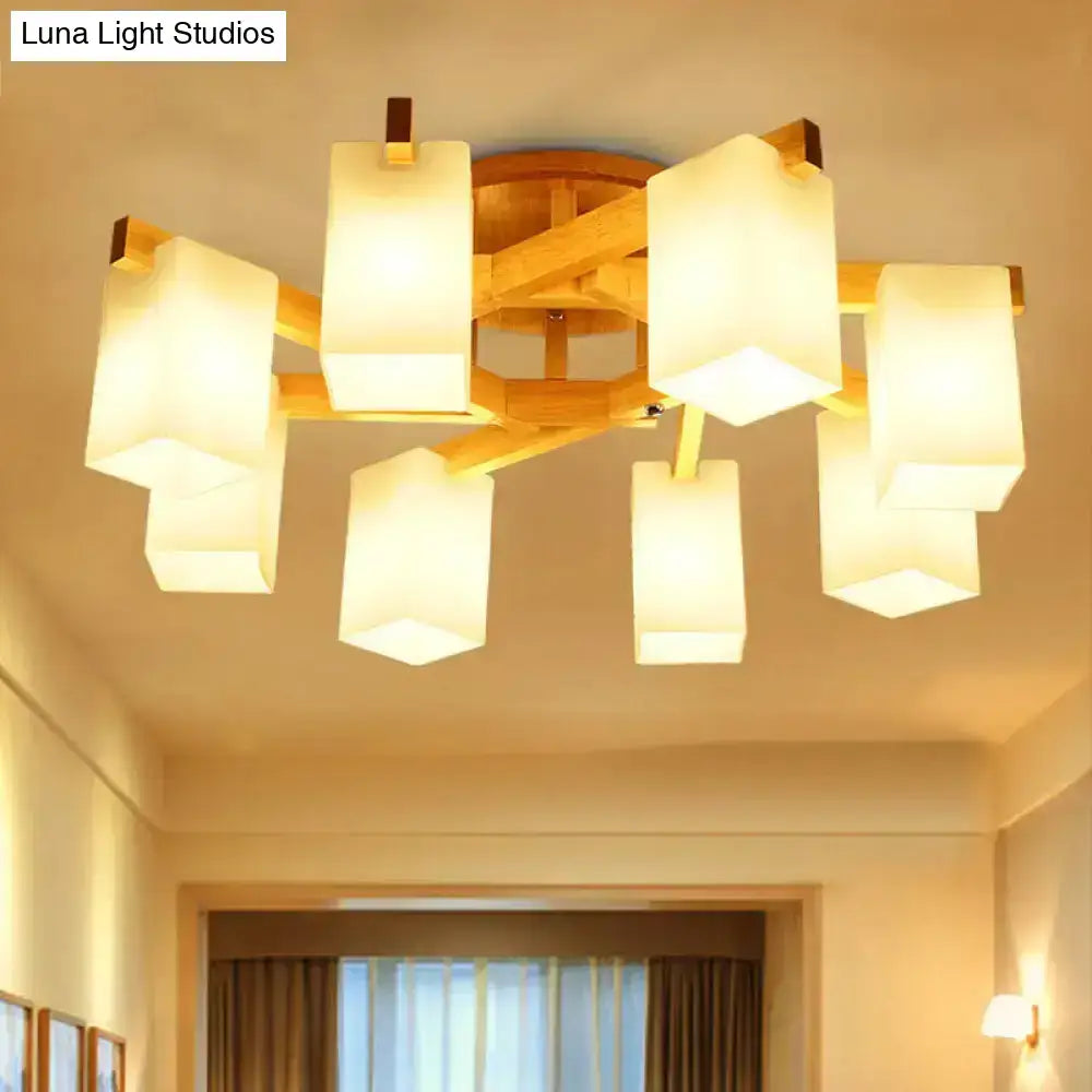 Nordic wood and cuboid cream glass ceiling lamp living room light