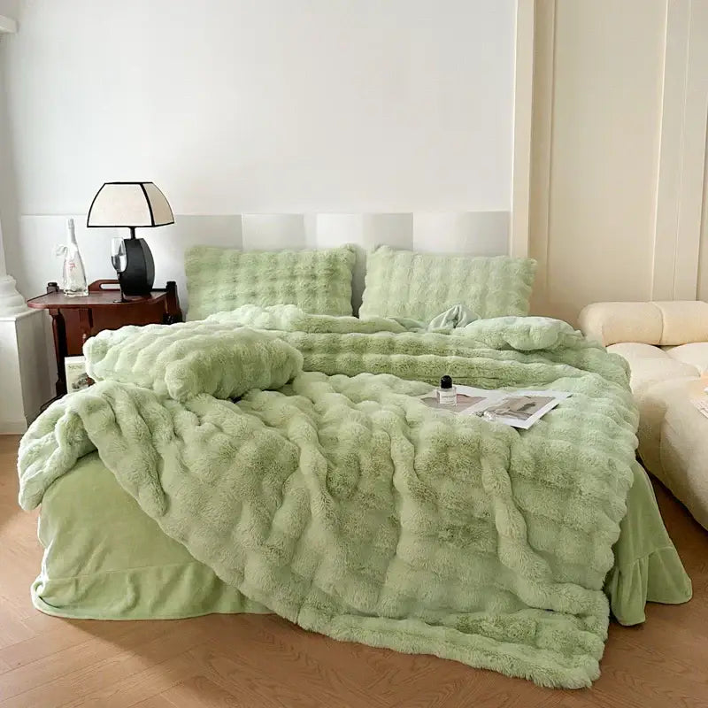 Off-white textured deluxe faux rabbit bedding set bedroom blanket