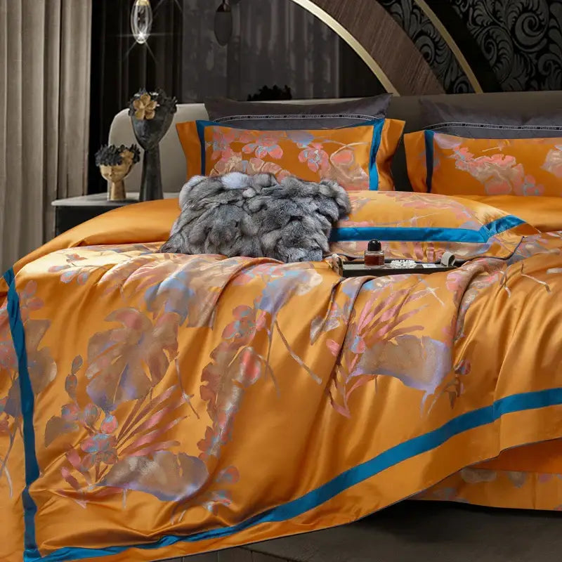 Orchid golden orange & teal egyptian cotton silk bedding set bedroom
