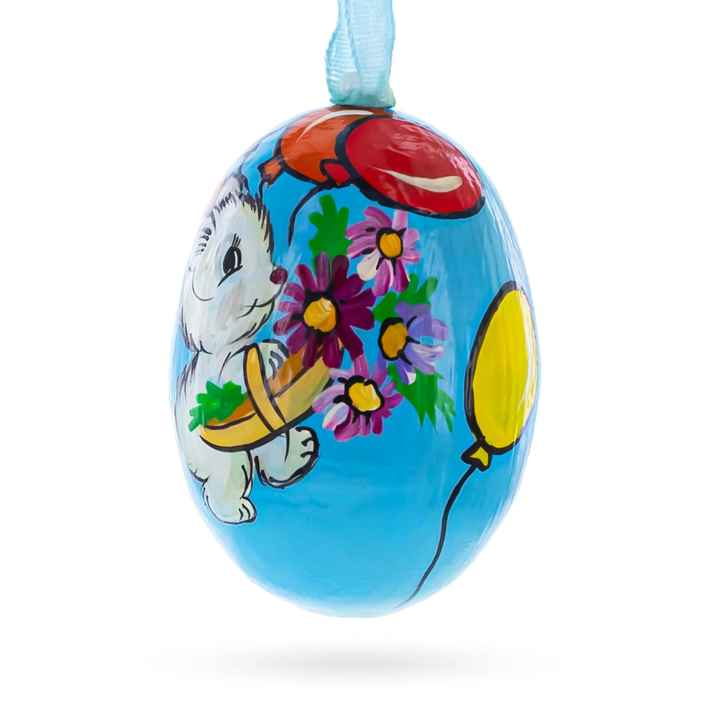 Cat with Balloon and Flowers Wooden Christmas Ornament 3 Inches