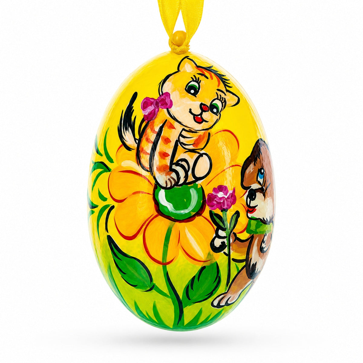 Dog and Cat with Flower Wooden Christmas Ornament 3 Inches