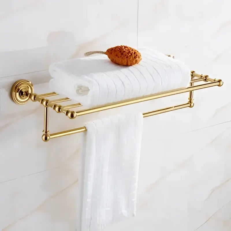 Ornate brass gold bathroom hardware set with towel rack and hooks