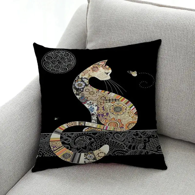 Ornate cat design linen pillowcase – living room cushion cover