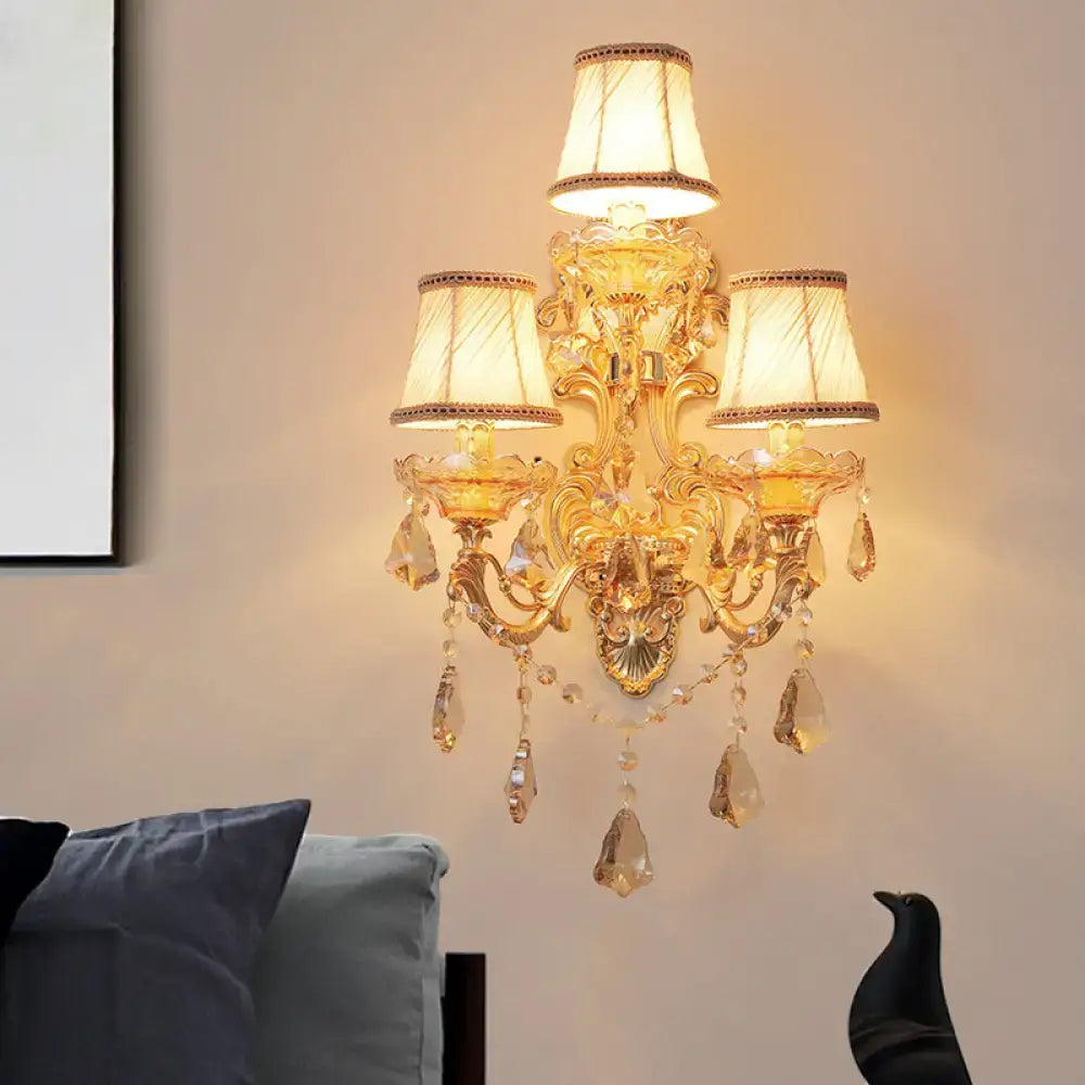 Ornate gold crystal 3 light metal fixture living room sconce