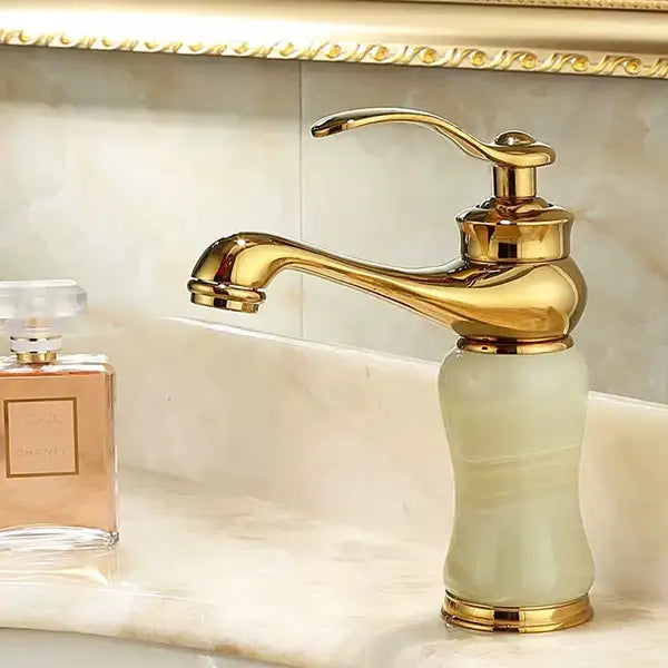 Ornate gold & green jade bathroom basin sink faucet