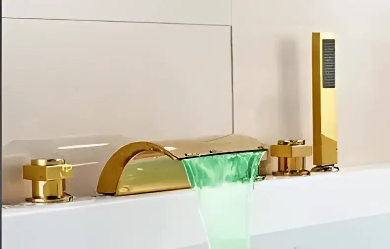 Ornate gold led waterfall bath tub faucet with handshower bathroom