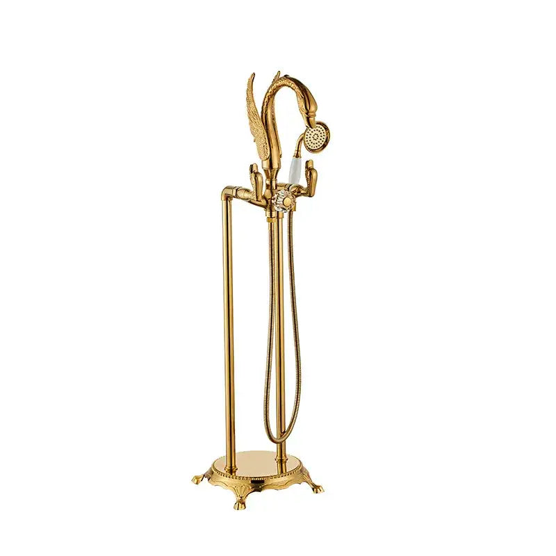 Ornate gold swan bathtub mixer with handshower for bathroom