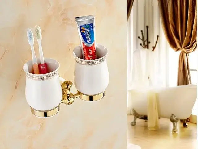 Ornate gold & white ceramic brass jade bathroom hardware set