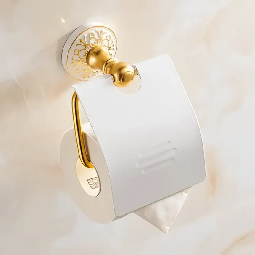 Ornate gold & white floral bathroom accessories set
