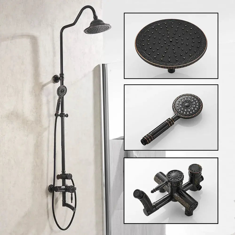 Ornate matte black brass shower faucet set bathroom with handheld