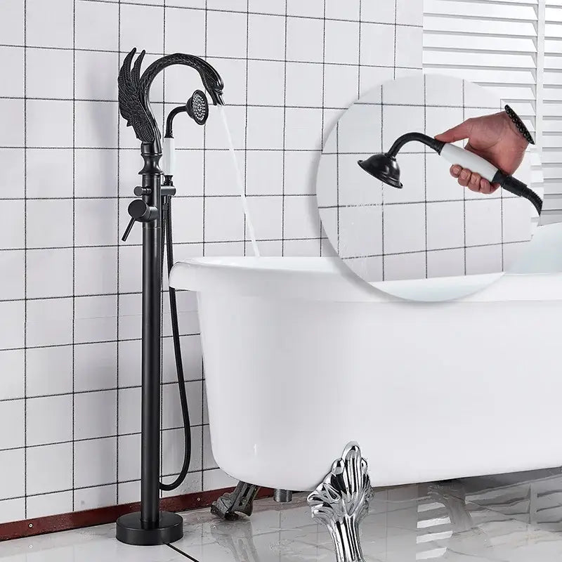 Ornate swan gold bathtub faucet with shower hose for bathroom