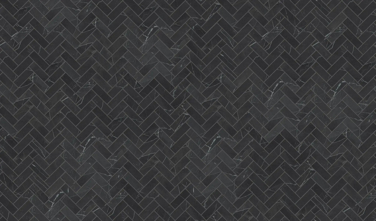 Charme Evo Calacatta Black Herringbone Marble Look Porcelain Mosaics 12x12