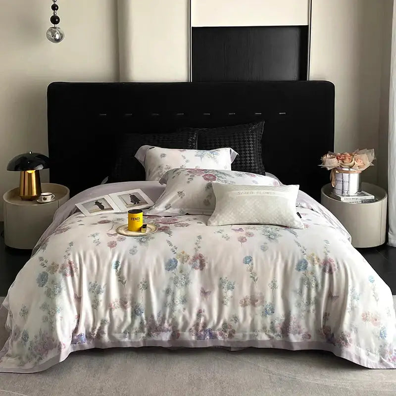 Pastel floral flowers prints bedding set bedroom satin duvet cover