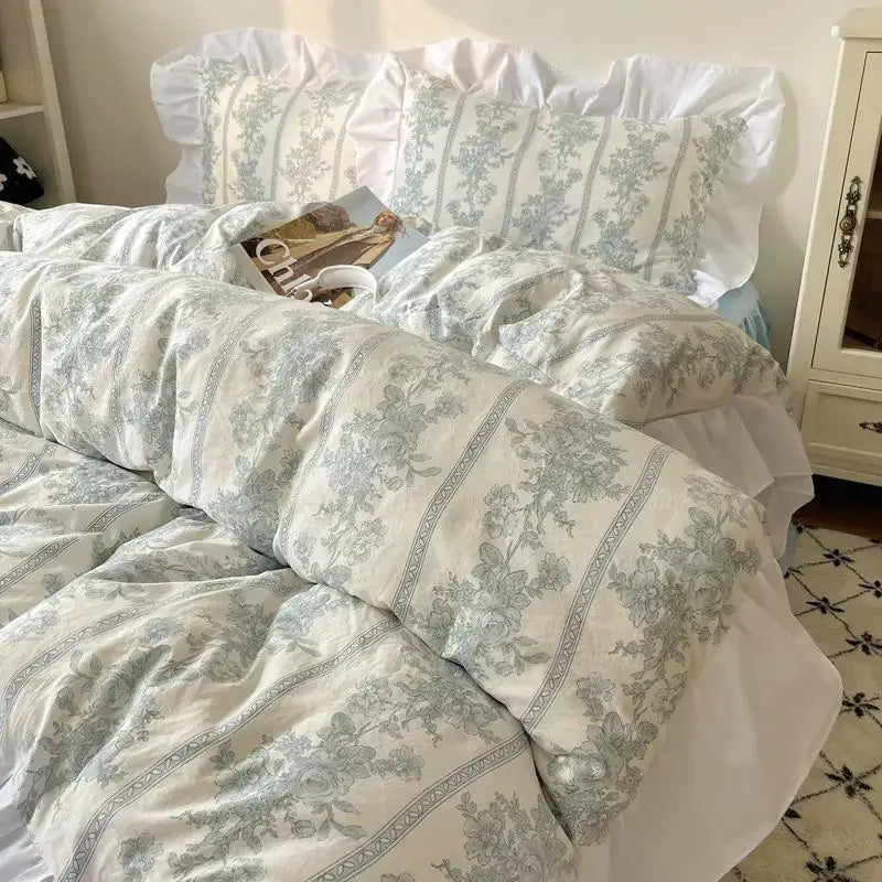 Pastel floral korean lace bedding set – bedroom ruffled bedclothes