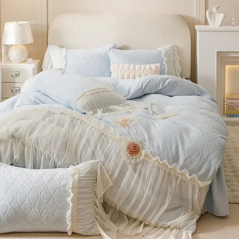 Pastel pink cozy velvet lace flowers bedding set bedroom ruffled trim