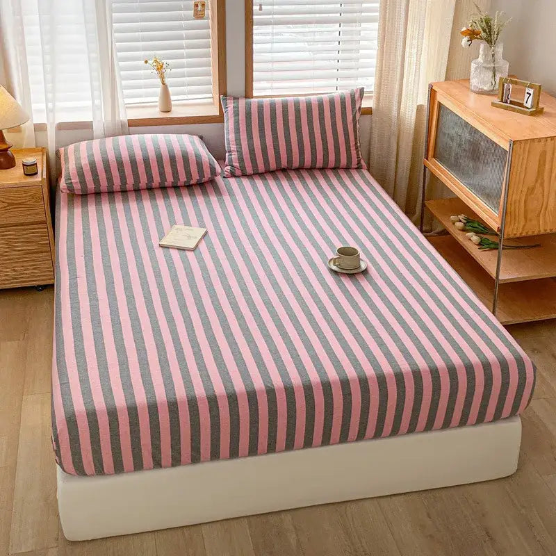 Pink and white cotton stripe fitted sheet bedroom mattress cover