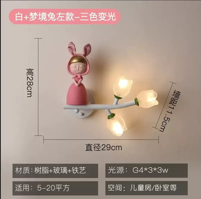 Pink bunny tulip led wall lamp kids room nursery light
