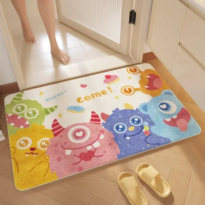 Pink cartoon print plush bathroom mat soft absorbent entrance rug