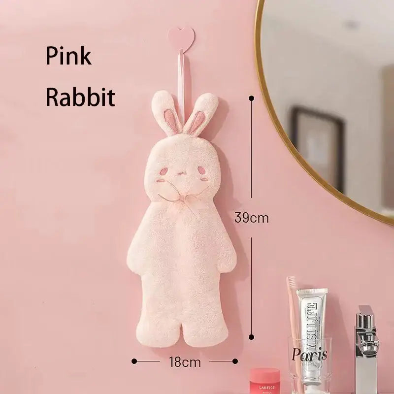 Pink plush cartoon rabbit hand towel for bathroom and kitchen