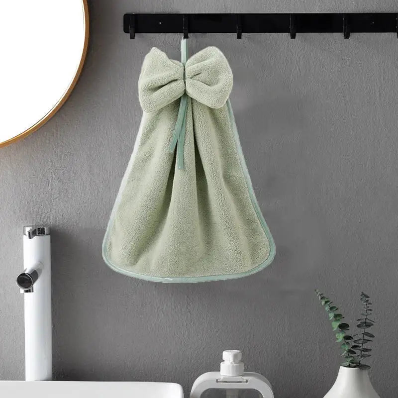 Plush coral velvet soft hand towels with bows for kitchen and bathroom