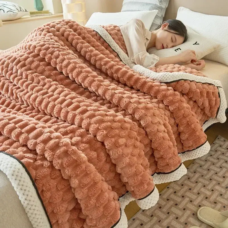 Plush cream & black textured flannel fleece blanket bedroom throw